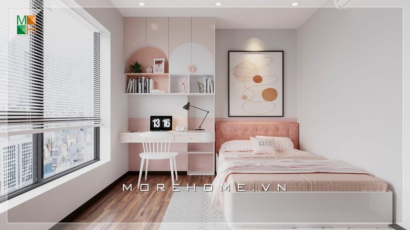 Tone chủ đạo cho phòng ngủ bé gái là hồng-trắng rất dễ thương và đẹp. Nội thất căn phòng ngủ phù hợp với lứa tuổi. Phòng ngủ tận hưởng được ánh sáng tự nhiên nhờ cửa sổ lớn tạo cảm giác thông thoáng cho căn phòng ngủ cho bé.