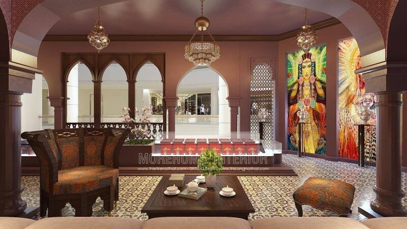 Mẫu sofa nỉ đẹp với màu sắc họa tiết độc đáo tạo điểm nhấn nổi bật cho showroom làm đẹp Saffron