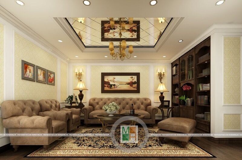 Bộ sofa bọc nỉ tân cổ điển với các nút trần tạo độ căng cho bề mặt đem lại sự êm ái phù hợp với không gian phòng khách rộng.