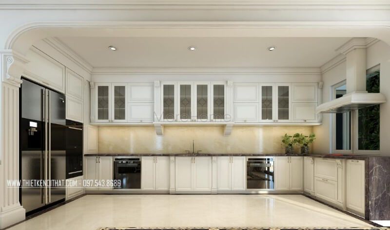 Mẫu tủ bếp tân cổ điển với kiểu dáng chữ L đầy mới lạ, đây được coi như là cảm hứng tạo cho những người nội trợ trong gia đình bạn