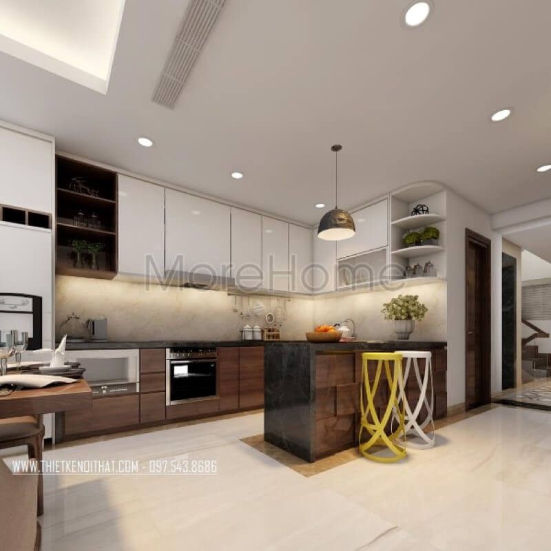 Mẫu tủ bếp hiện đại gỗ công nghiệp với tông màu nâu trắng cho không gian ấm cúng của gia đình