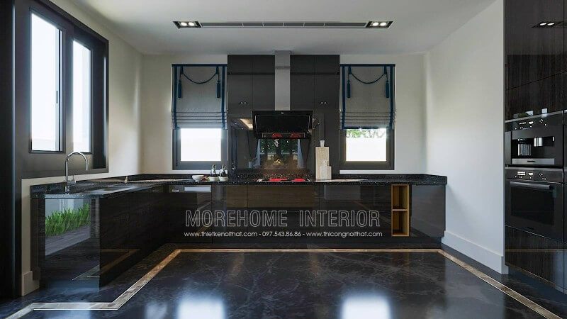 Đây là mẫu tủ bếp chữ L hiện đại được thiết kế sang trọng với chất liệu gỗ công nghiệp bề mặt acrylic bóng gương, đá ốp mặt bàn bếp