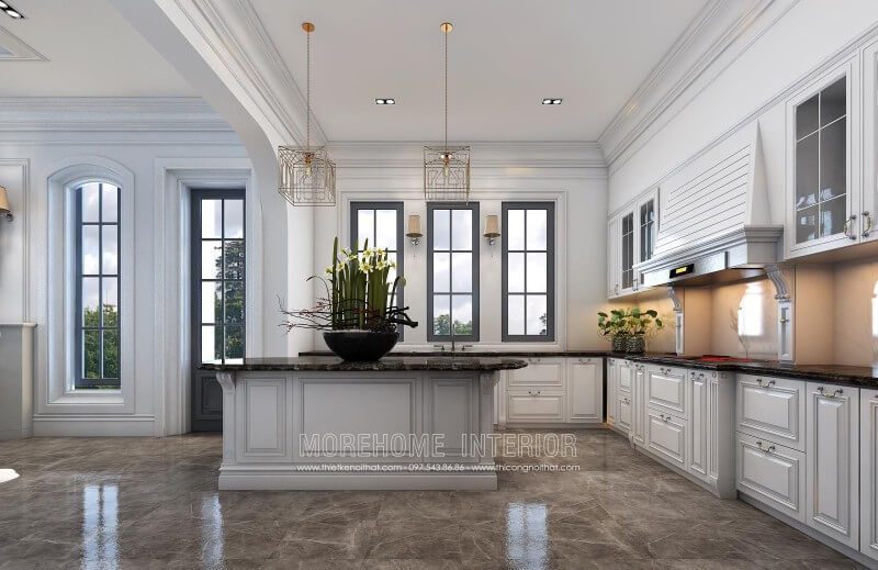 Tủ bếp tân cổ điển chữ L giúp gia chủ tận dụng hiệu quả tối đa không gian góc chết của ngôi nhà, phần đảo bếp cùng chất liệu đặt ở chính giữa tạo sự tiện nghi. Đây cũng là mẫu thiết kế tủ bếp gỗ tự nhiên đẹp đang rất được thịnh hành trong khoảng vài năm trở lại đây