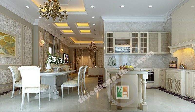 Mẫu tủ bếp gỗ tân cổ điển với thiết kế chữ L cùng thiết bị bếp hiện đại mang đến sự tiện nghi cho người nội trợ