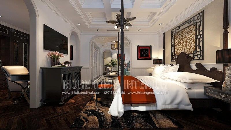 Giường ngủ gỗ tự nhiên cao cấp với tone màu trầm lạ mắt mang lại sự sang trọng, huyền bí cho không gian riêng tư của ngôi nhà