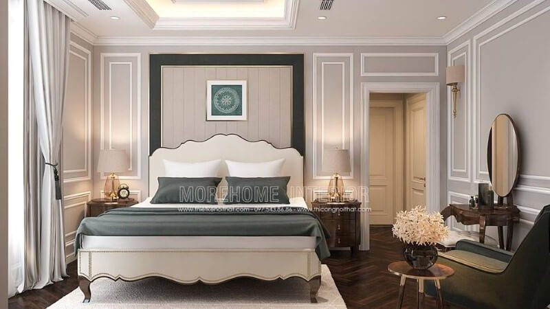 Giường ngủ master độc đáo với đường nét tân cổ điển từ gỗ óc chó kết hợp cùng tone trắng nhẹ nhàng đã tạo nên không gian phòng ngủ sang trọng, thanh lịch.