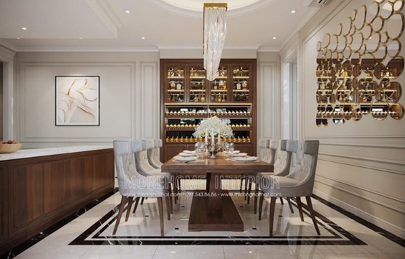 Gương ốp tường trang trí đẹp cho phòng ăn đương đại.