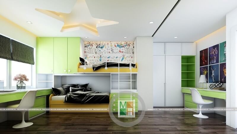 Mẫu thiết  kế phòng ngủ trẻ em đáng yếu với mẫu giường tầng màu xanh độc đáo tạo điểm nhấn nổi bật cho căn phòng.