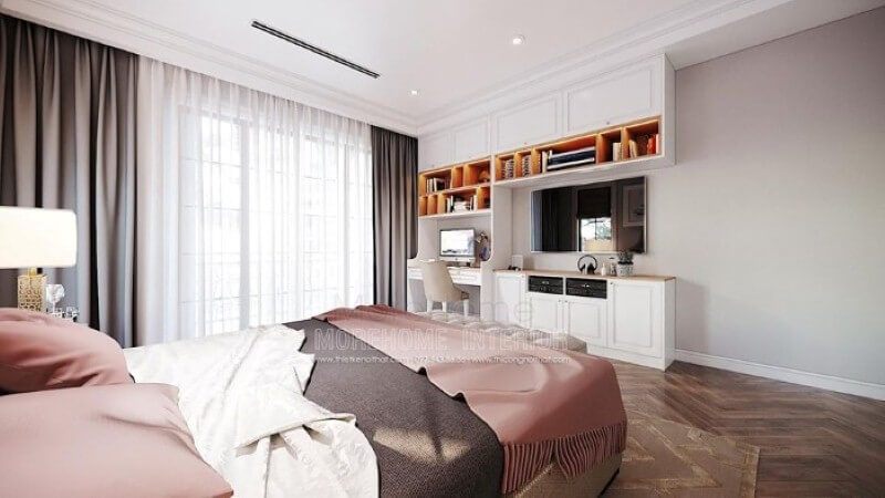 Sắp xếp nội thất góc học tập trong phòng ngủ của con đẹp ấn tượng theo phong cách đương đại.