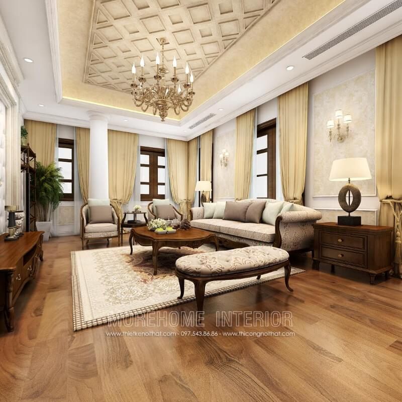 Ghế sofa tân cổ điển gỗ tự nhiên bọc nỉ hoa văn cao cấp, cùng với bàn trà, kệ ti vi và tab, tạo nên một bộ sưu tập hoàn chỉnh cho phòng khách của bạn.